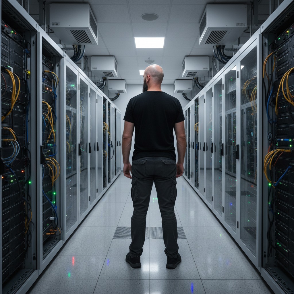 A man stands in the center of a server room aisle between rows of tall, illuminated computer racks.
